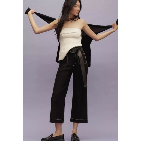 NWT Anthropologie Maeve Colette Wide-Leg Linen Pants Black Contrast Stitch 24P - Picture 9 of 14